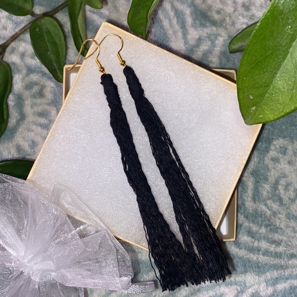 Long Black Hand Crafted Macrame Style Fringe Gold Toned Dangle Earrings - Picture 3 of 9
